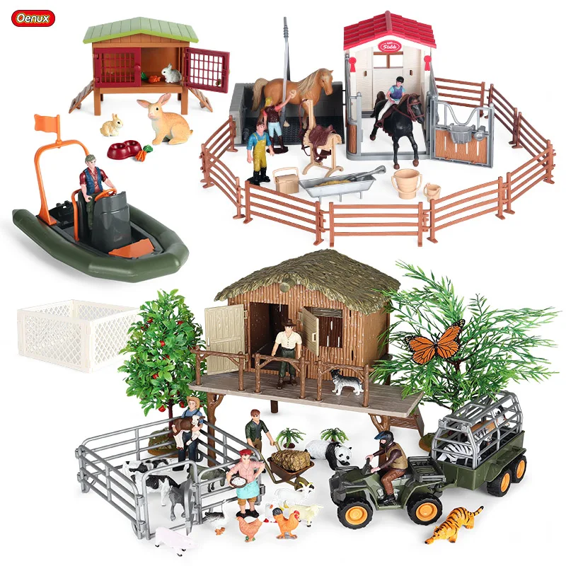 Oenux Simulation Funny Farm Animal Jouet Horse Stable Farmer Cow Rabbit Model Action Figures Playset Kid Education Xmas Gift Toy
