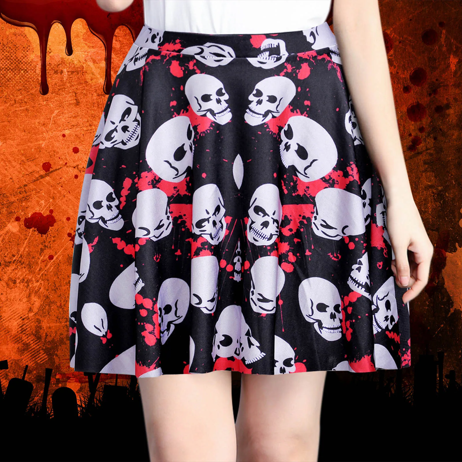 

2021 Women Halloween Printed Muscle Pleated Skirt Skater Skirt Disco Wet Look Pleated Short Mini Skirt Shiny Metallic#58