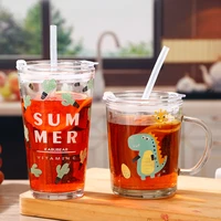 500ml graduated glass mug coffee cup heat resistant cartoon water straw cups with lid large capacity drinking bottle gifts set
