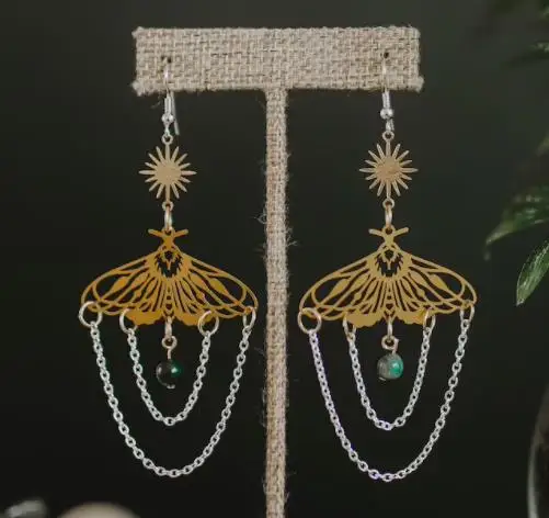 

Fuzzy Mystic Moth Earrings Statement Dangles Hypoallergenic, Aesthetic Jewelry