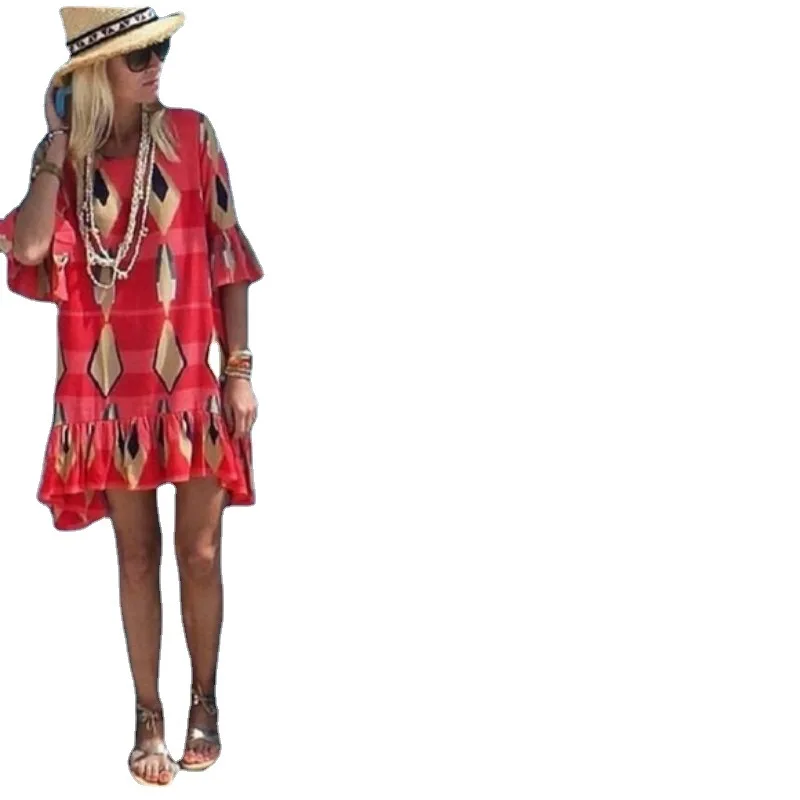 

Women Dress Orange Geometric Print Ruffled Sleeves Round Neck Loose Hedging Casual Temperament Boho Style Ruffled Dress