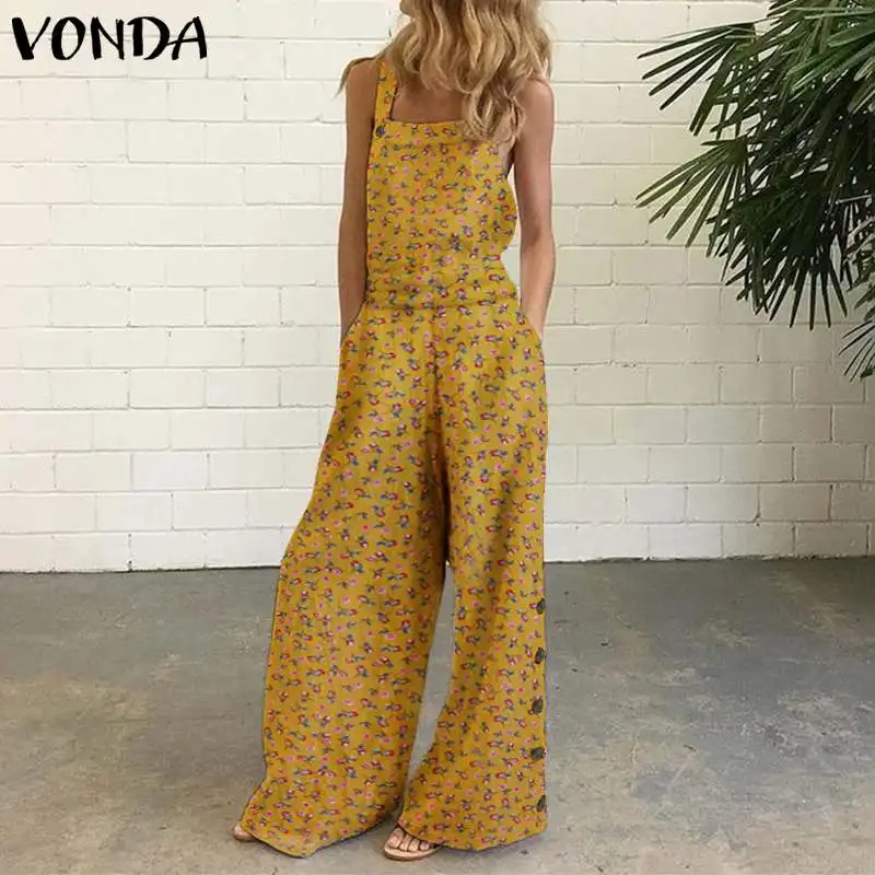 

Casual Loose Overalls 2021 VONDA Floral Rompers Sexy Printed Retro Jumpsuits Sleeveless Stylish Women Pantalon Suspenders S-5XL