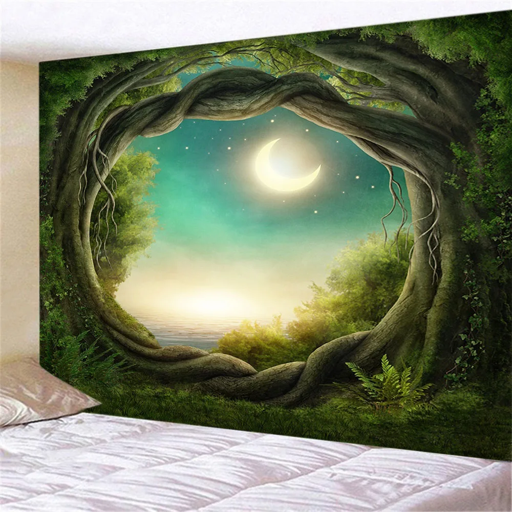 Солнечные деревья Туманный лес гобелен Пейзаж Настенный подвесной для потолка