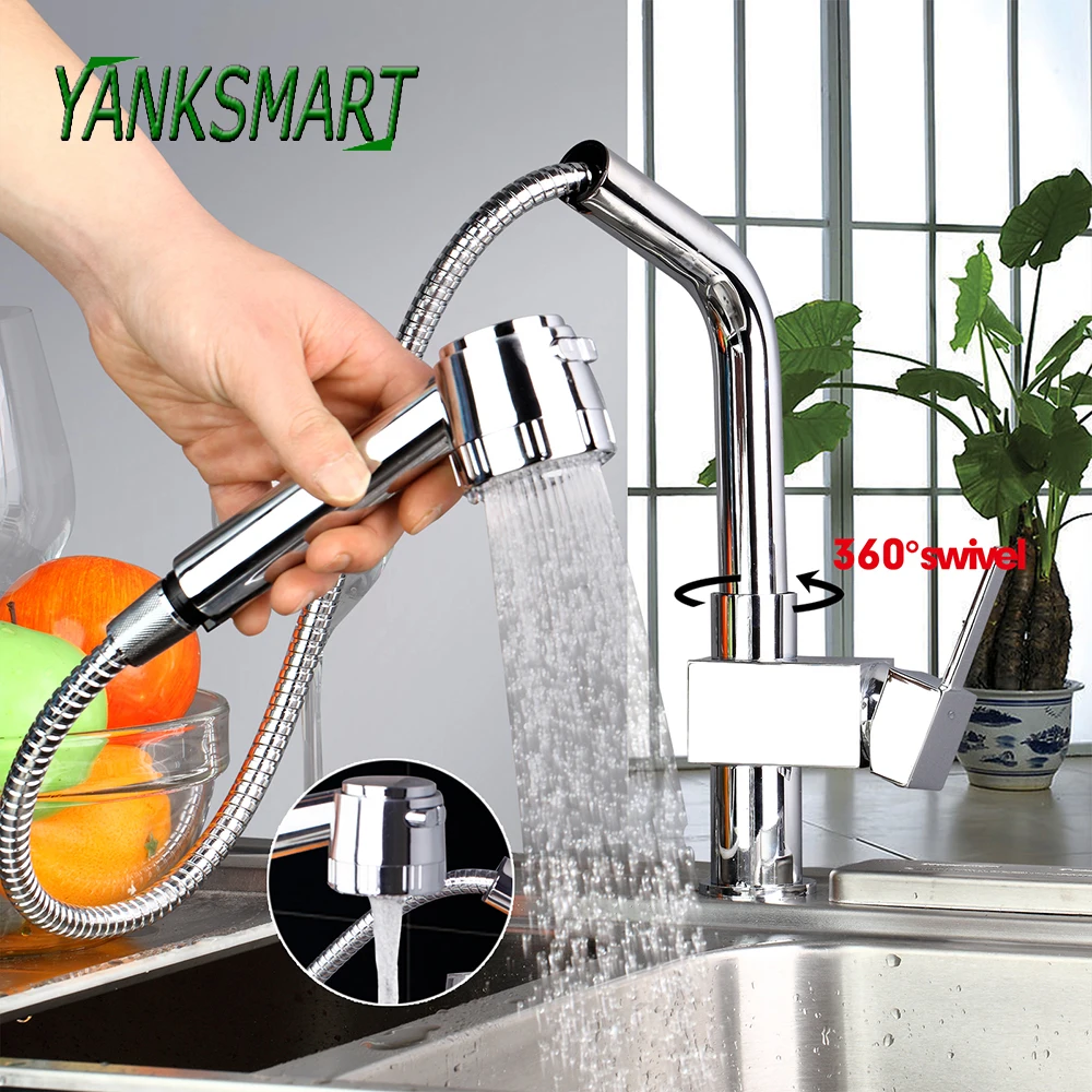 

YANKSMART Chrome Polished Pull Out 360 Swivel Vessel Sink Single Handle Deck Mounted Kitchen Faucet Hot And Cold Mixer Water Tap