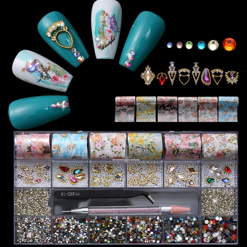 

Nail Rhinestones Crystals Gems Jewels Multi Shapes Diamond with Tweezers for DIY Art Supplies Decoration Clothes Shoes