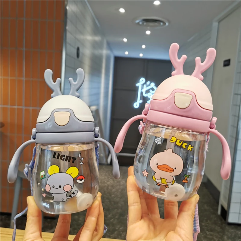 

370ml New Creative Cartoon Animal Deer Children's Straw Feeding Baby Learn To Drink Cup Leakproof Outdoor Portable Water Bottle