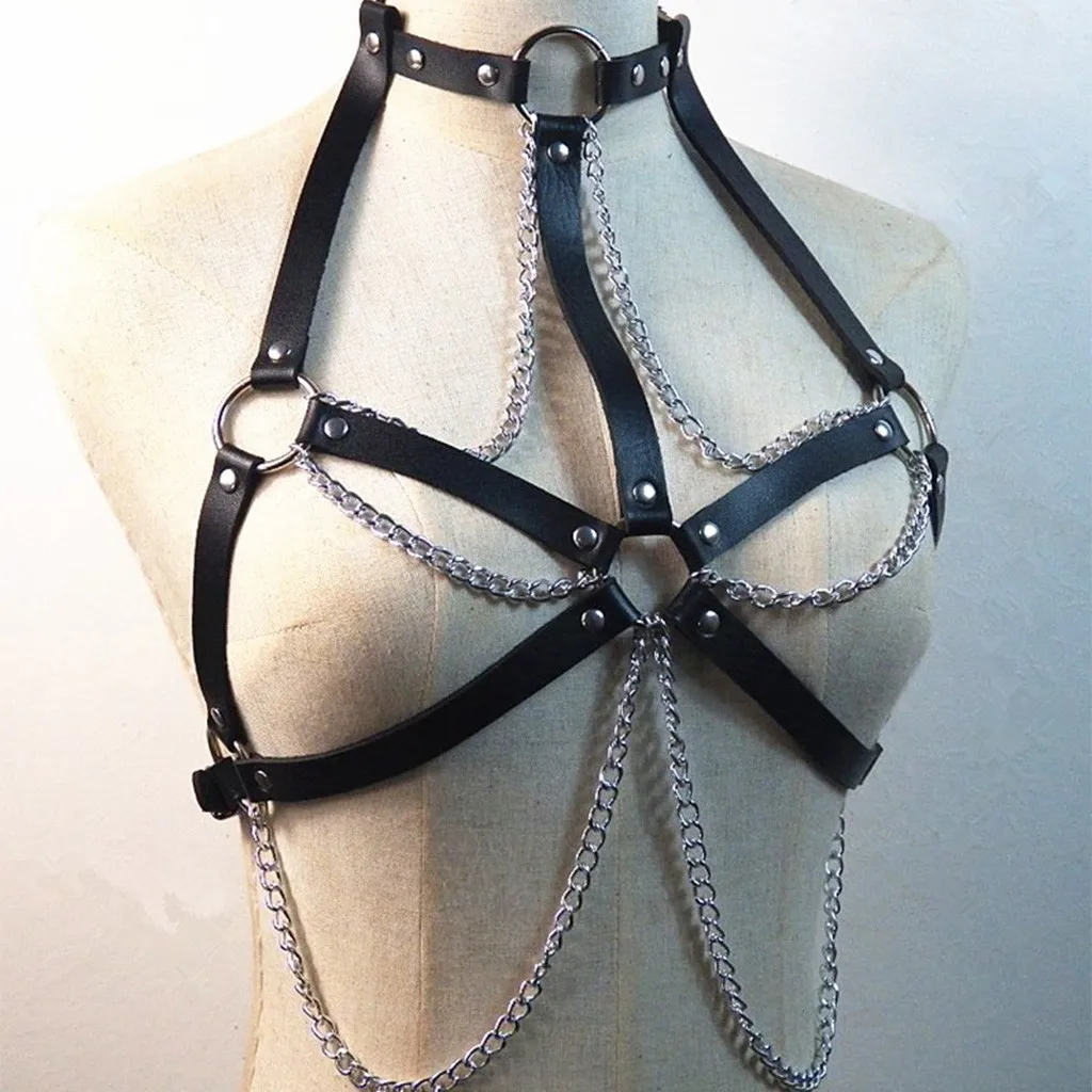 SM Sexy Erotic Suit Adult Sex Toys Leather Handcuff Hihappiness Black Women's Punk Metal Chain Tassel Body Caged Dan H4 |