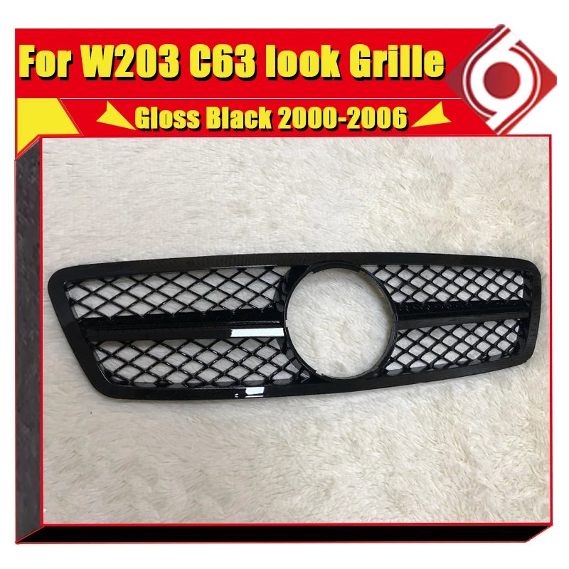 For Mercedes C Class W203 C203 Sedan Sports Front Grille Grill Grills C63 Style ABS Gloss Black Direct 1:1 Replacement 2000-2006 |