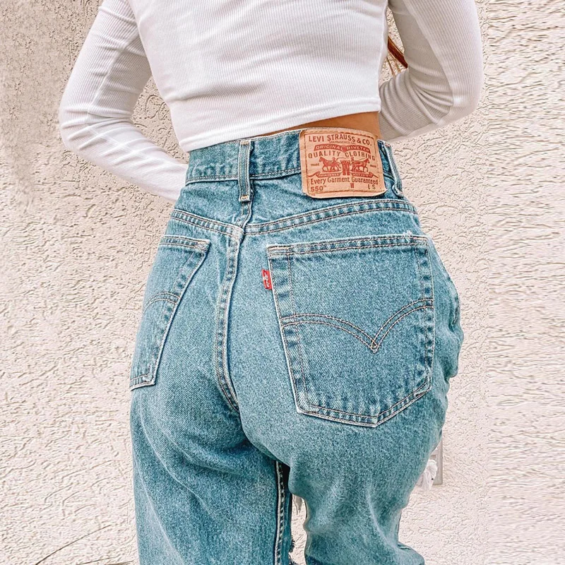 

High Waist Loose Jeans Clothes Women Casual Blue Denim Streetwear Ripped Hole Trousers Lady Fashion Straight Pants 2021