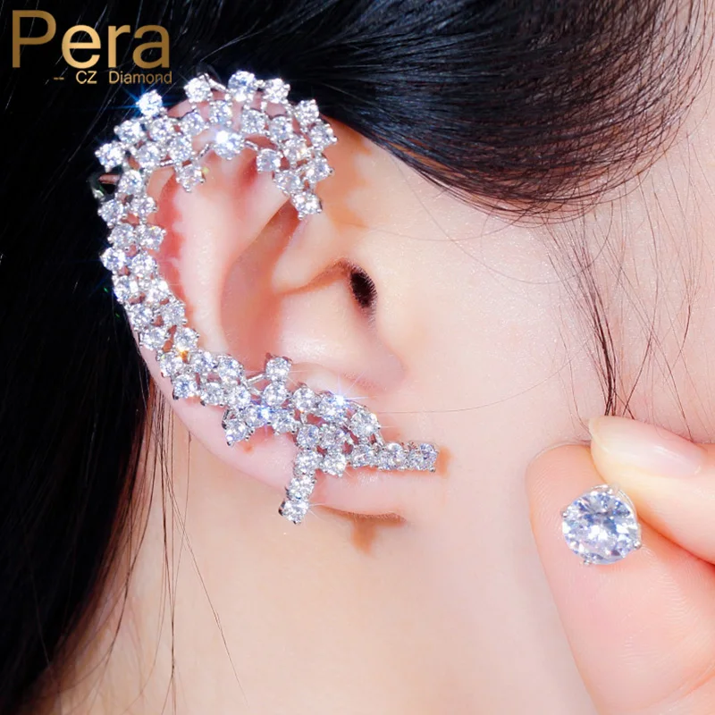

Pera Newest Sparkling Round Cubic Zirconia Long Big Asymmetrical Ear Climber Clamp Stud Earrings for Women Fashion Jewelry E589