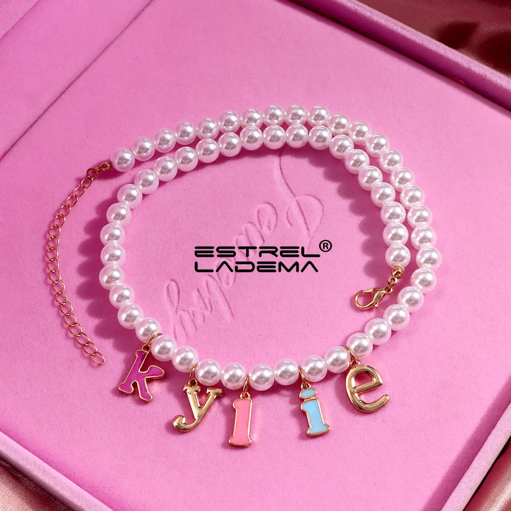 

NEW Trendy Candy Color Letter Baroque Pearl Beaded Choker Necklace for Women Simple Design White Pearl Bead Strand Party Jewelry