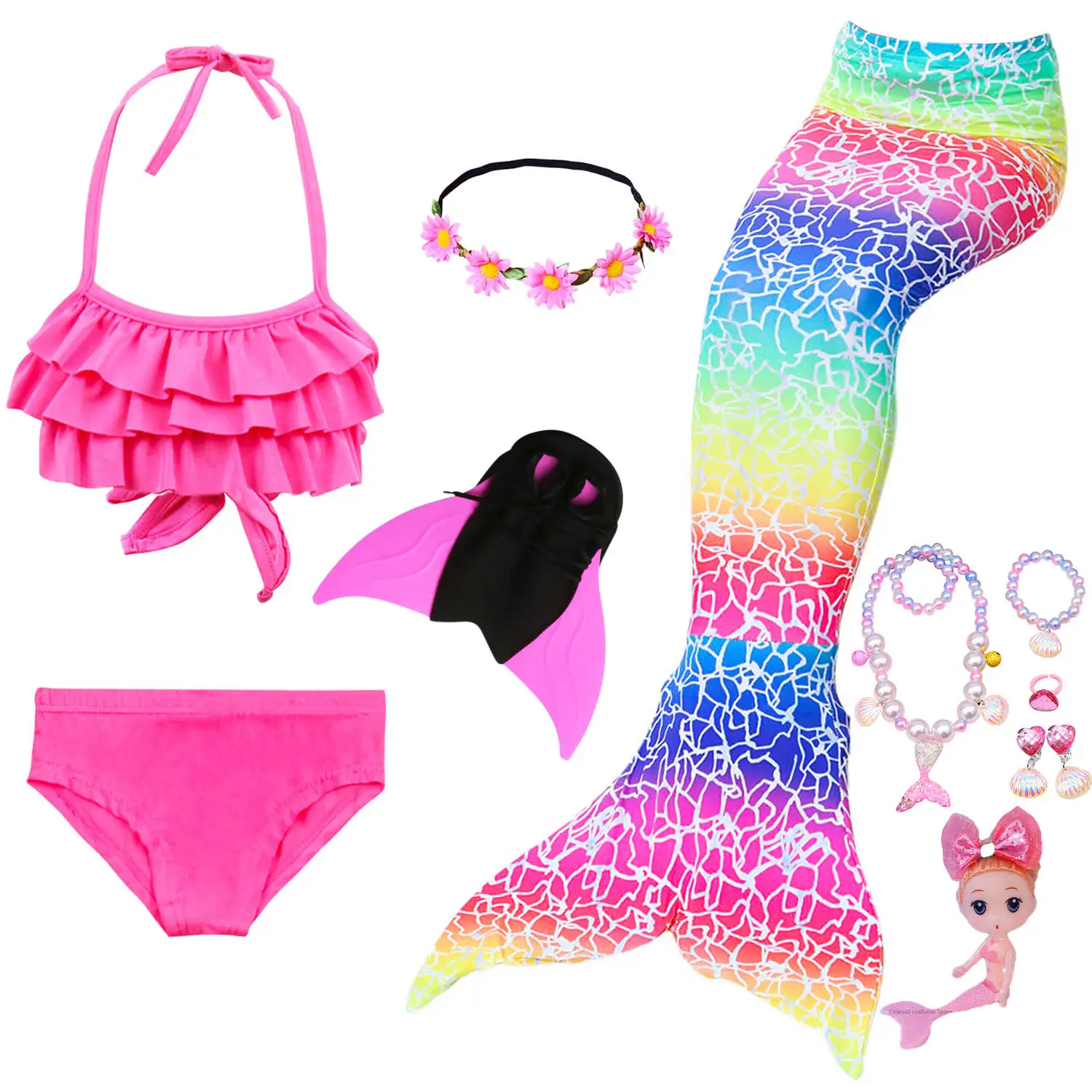 

Little Mermaid Tail for Girls Swimming Suit Mermaid Costume Swimsuit Kids Swimmable can with-or Monofin Fin and necklace Cosplay