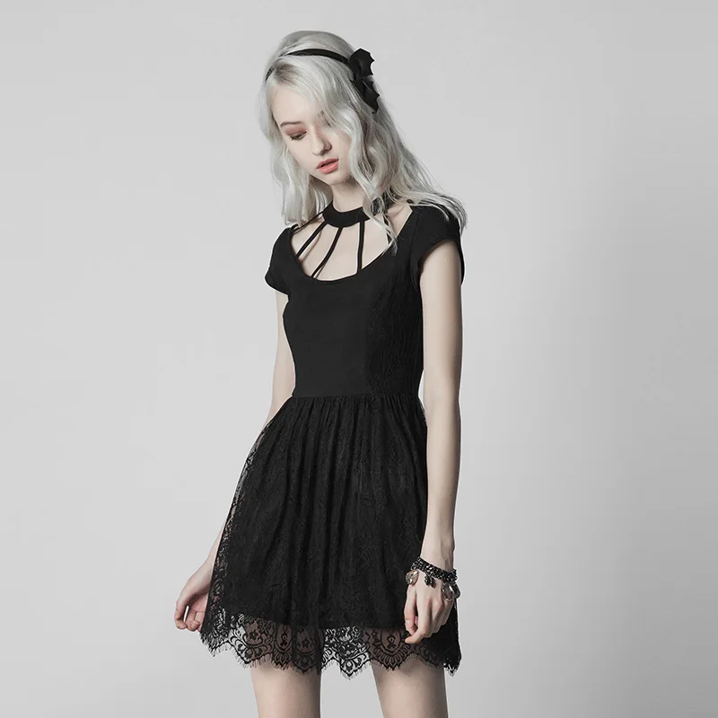 Женское кружевное платье с коротким рукавом в стиле панк черное повседневное