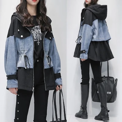 

Trendy Splicing Denim Windbreaker Patchwork Female Jacket Hooded Overcoat Casual Casaco Feminino Woman Fashion Coats