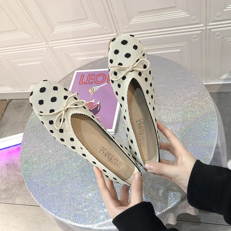

New Spring Flat Shoes 2020 PU Polka Dot Shallow Mouth Bow Casual Ladies Square Toe Slip-On ComfortableFemale Leisure W28-03