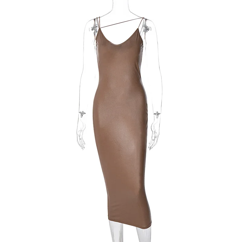 

Hot Pu Leather Dress Women Clear Straps V Neck Party Dress Midi Solid Color Backless Pencil Sexy Bodycon Dress