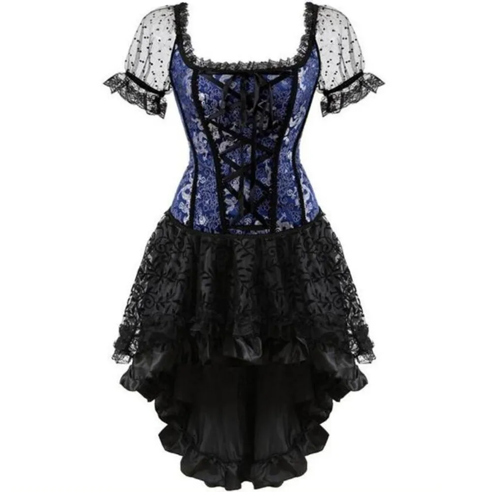 

Sexy Overbust Corset Dress Victorian Plus Size Lace Sleeves Corset Top With Skirt Set