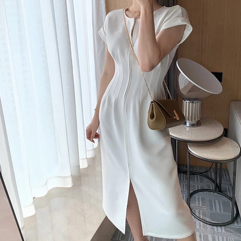 Женское облегающее платье с молнией спереди однотонное Элегантное Белое
