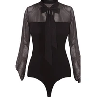 sexy woman mesh long sleeved tight fitting black bow lace one piece see through shirt high neck see through body suit spring new