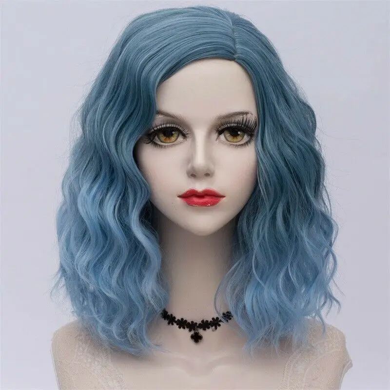 Smoke blue wig 27 стиль радуги многоцветные Хэллоуин 35 см вьющиеся синтетические парик Лолита Средний Омбре вечерние Косплей - Цвет: Smoke blue wig