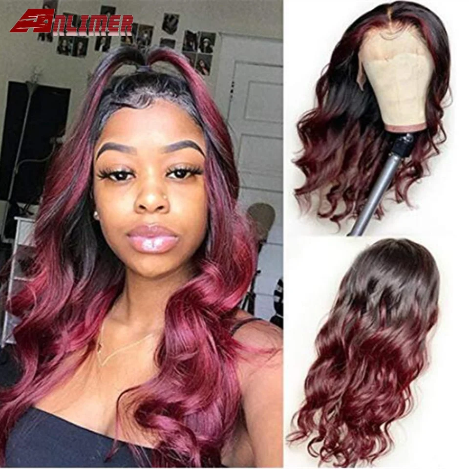 Парик 1B 99J темно-красного цвета парики из человеческих волос на сетке спереди