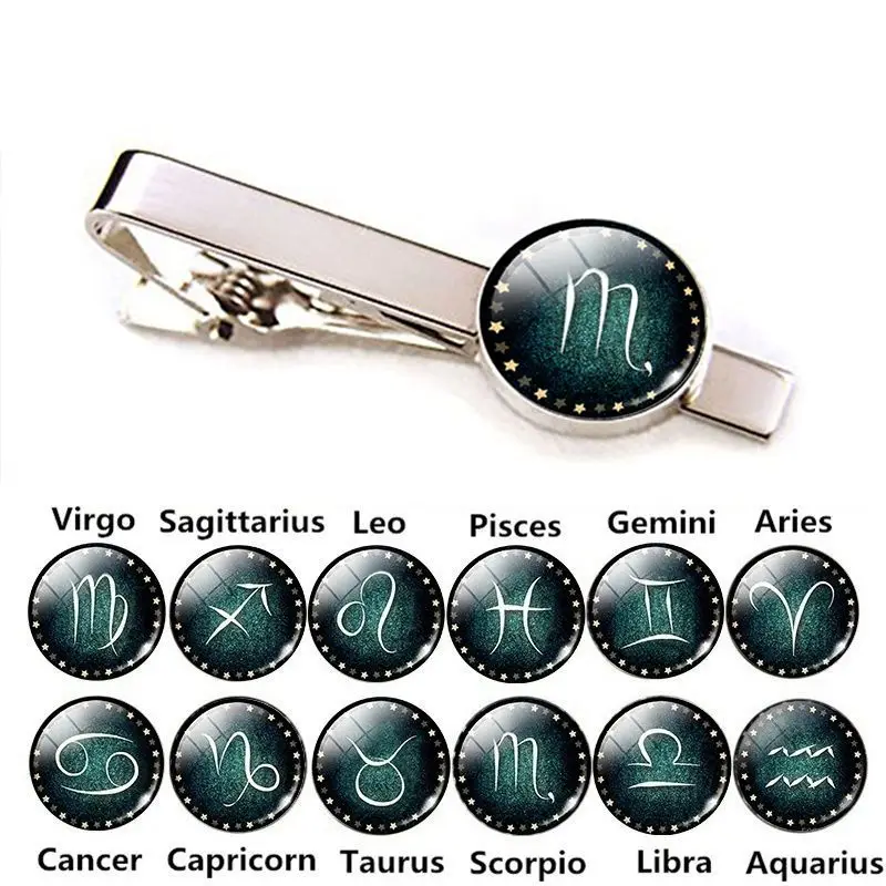 Зажим для галстука с 12 созвездиями стеклянный кабошон со знаками Зодиака