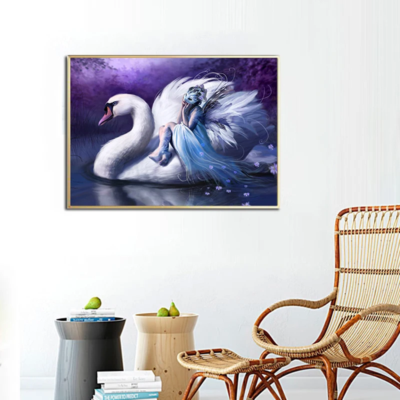 Современные плакаты и принты с ангелом Женский Белый лебедь картина маслом холст