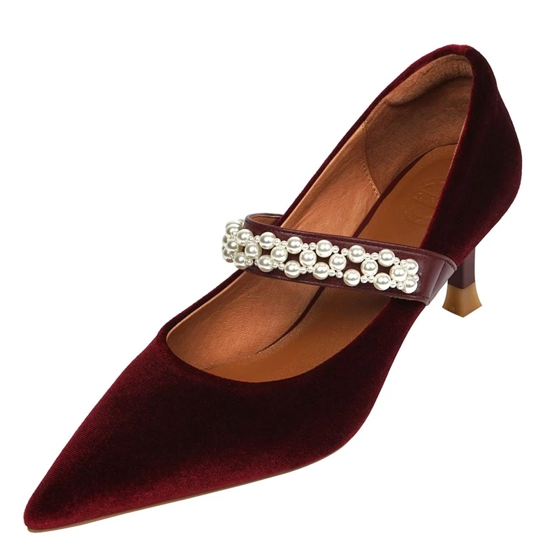 Французский в винтажном стиле Натуральная кожа с жемчугом фея острым носком на