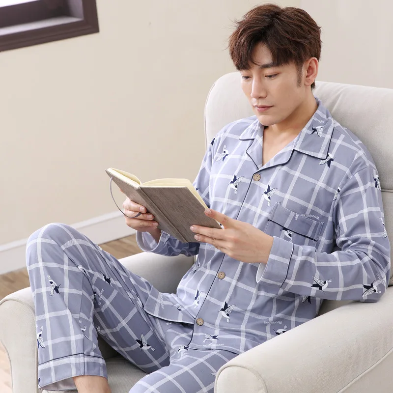 Men's Pajamas Sets Long-sleeved Spring and Autumn Plus Fat Plus Size Cotton Home Service Suit Sleepwear Male Pajamas pijama