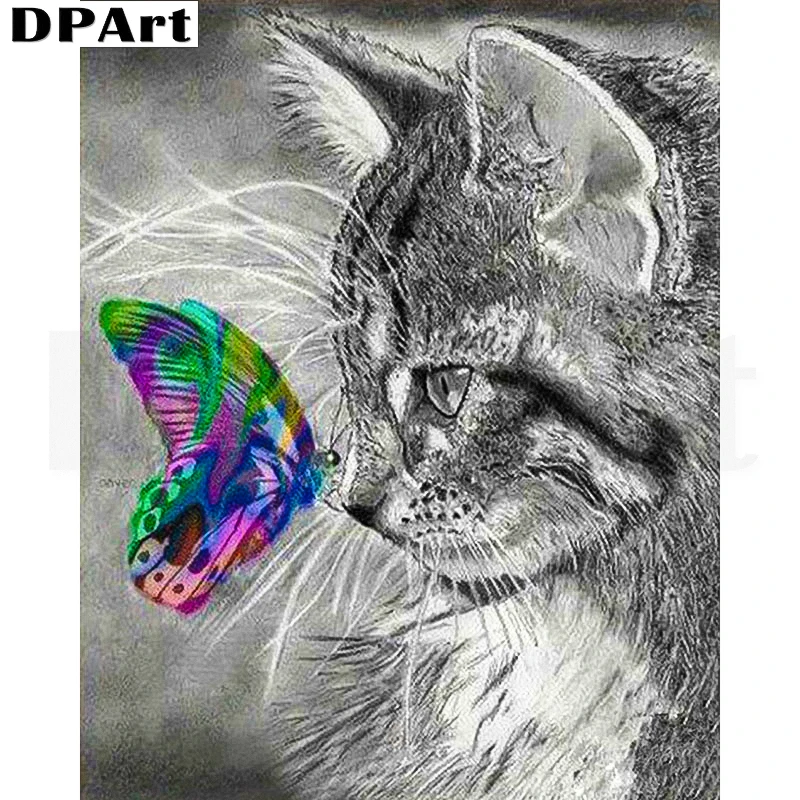 Алмазная живопись полная вышивка квадратными/круглыми стразами кошки и бабочки