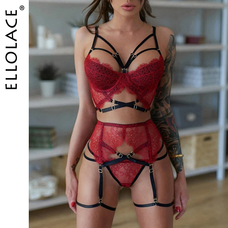 

Ellolace Goth Lingerie Set Bandage Women's Underwear Sexy Bra Brief 3 Piece Wireless Brassiere Red Lace Garters Exotic Sets