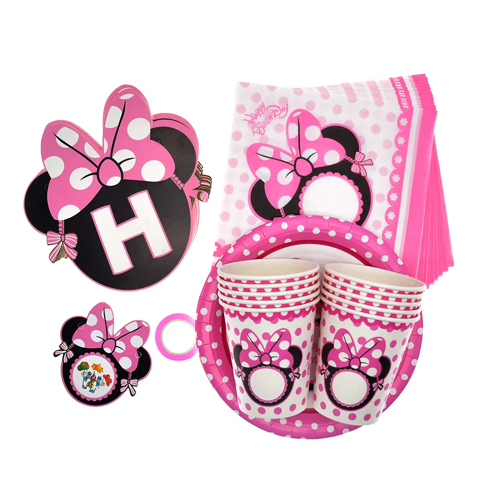 Розовый набор посуды для дня рождения с Минни одноразовой чашки тарелки