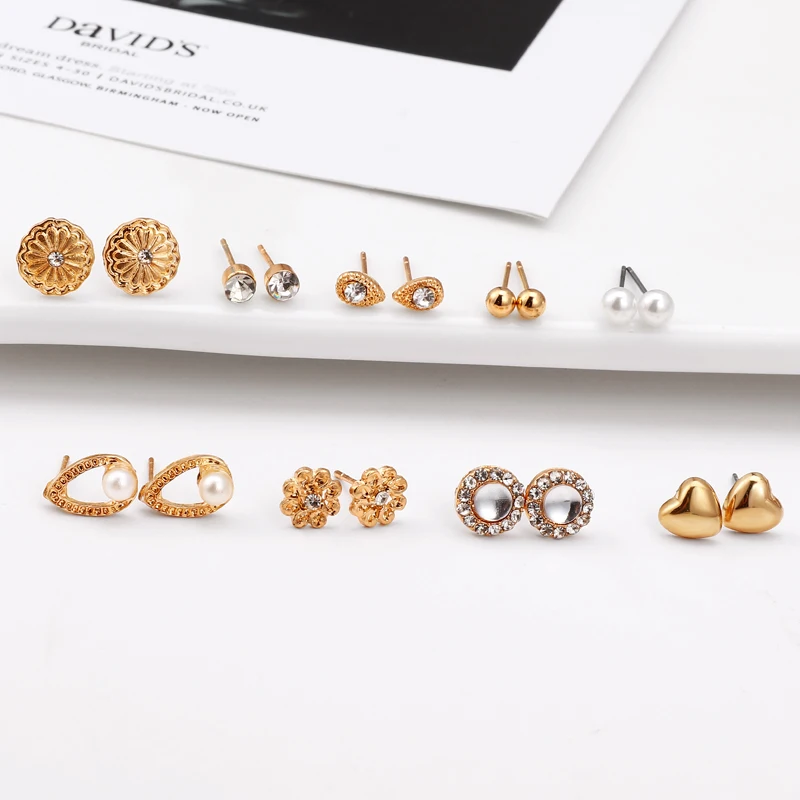 9 пар/компл. серьги-гвоздики набор с карточкой прозрачный циркон имитация жемчуга