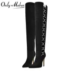 Женские обтягивающие сапоги Onlymaker выше колена, с острым носком, на высоком каблуке 10-11 см, флоковые сапоги на шпильке, на молнии, большой размер, US5  US15