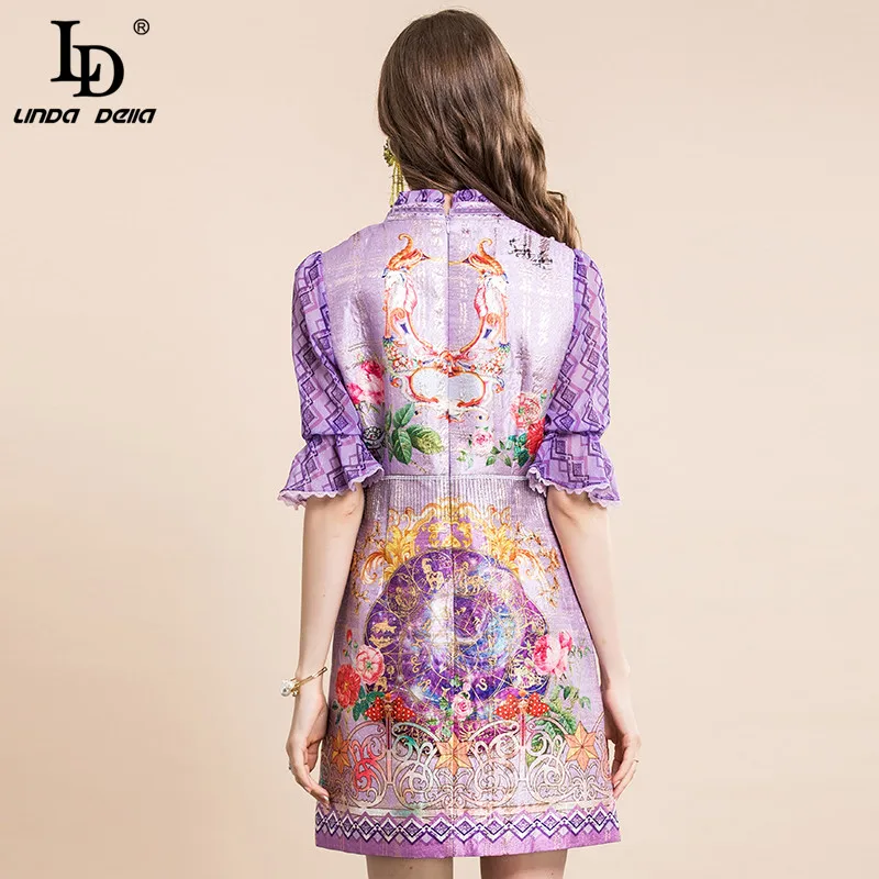 

LD LINDA DELLA 2021 Summer Runway Purple Floral Dress Women's Flare Sleeve Bead Vintage Constellation Printed Short Party Dress
