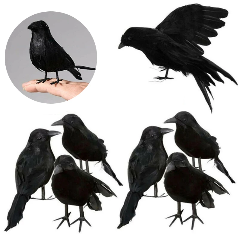 

Black Crow Prop Black Realistic Raven Feathered Spooky Party Halloween Decorations