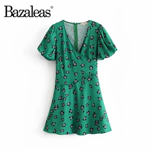 LD73 green Bazaleas винтажное тонкое платье с цветочным принтом и рукавами-фонариками, как шелковые платья, атласное зеленое летнее платье с цветочным принтом - Цвет: LD73 green
