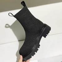 women mid calf boots new platform boots ladies chunky womens short boots stretch fabric shoes woman luxury style female shoes