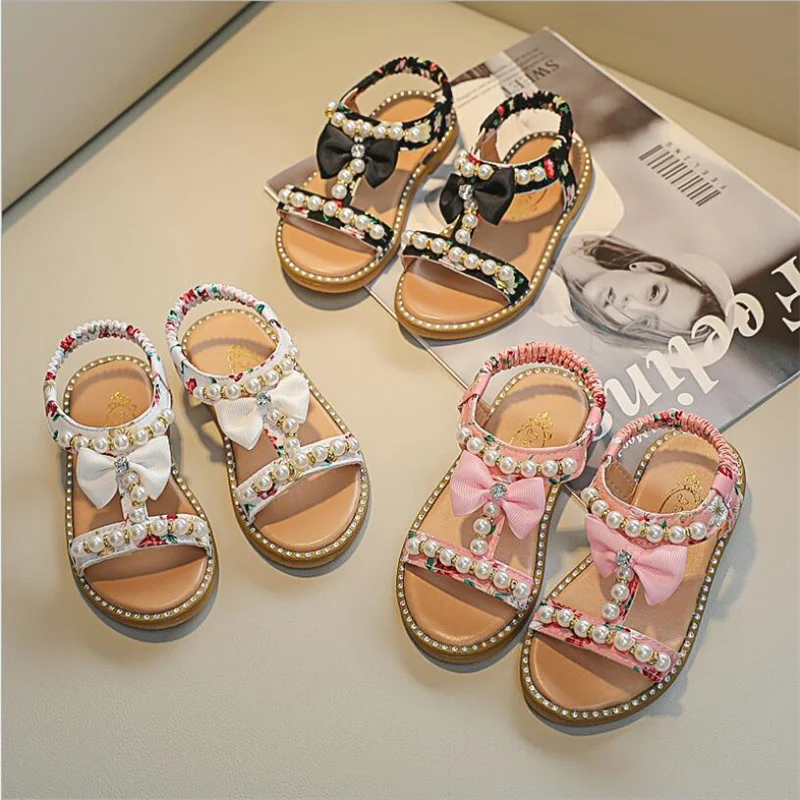 

Girls' Sandals 2021 New Korean Toddler Baby open toe diamond princess shoes children's Non Slip pearl sandales Kids 1.5-7 Years