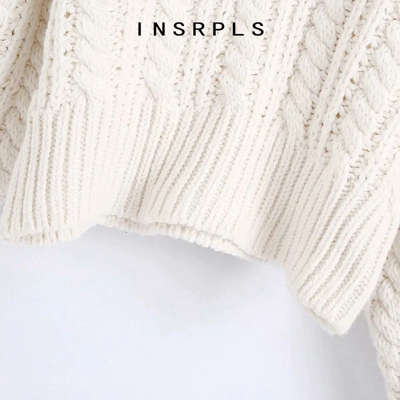 

INSRPLS Women Fashion With Rhinestone Buttons Cropped Cable-Knit Sweater Vintage Lantern Sleeve Female Pullovers Chic Tops
