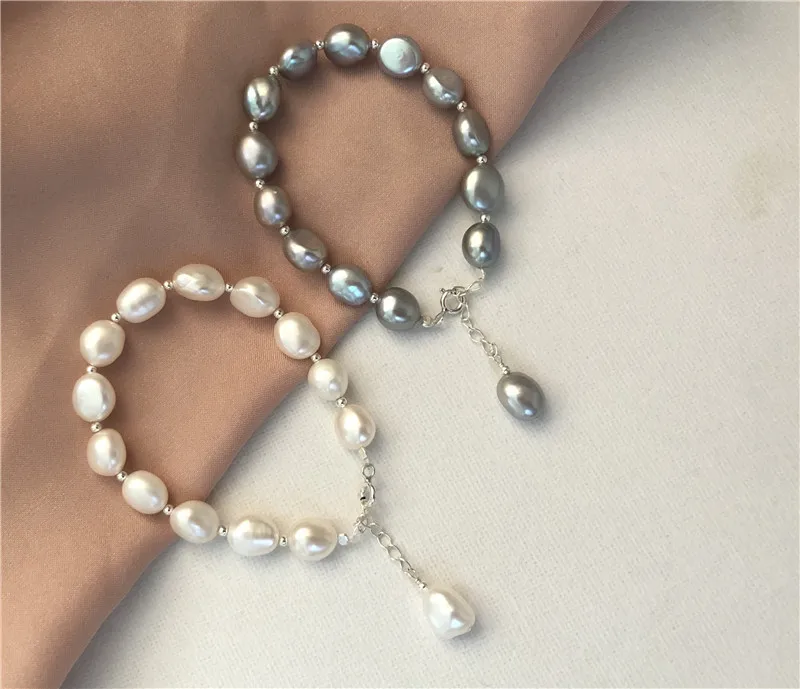 Новый натуральный пресноводный серый белый жемчуг 9 10 мм БАРОККО неровный браслет|Плетеные браслеты| |