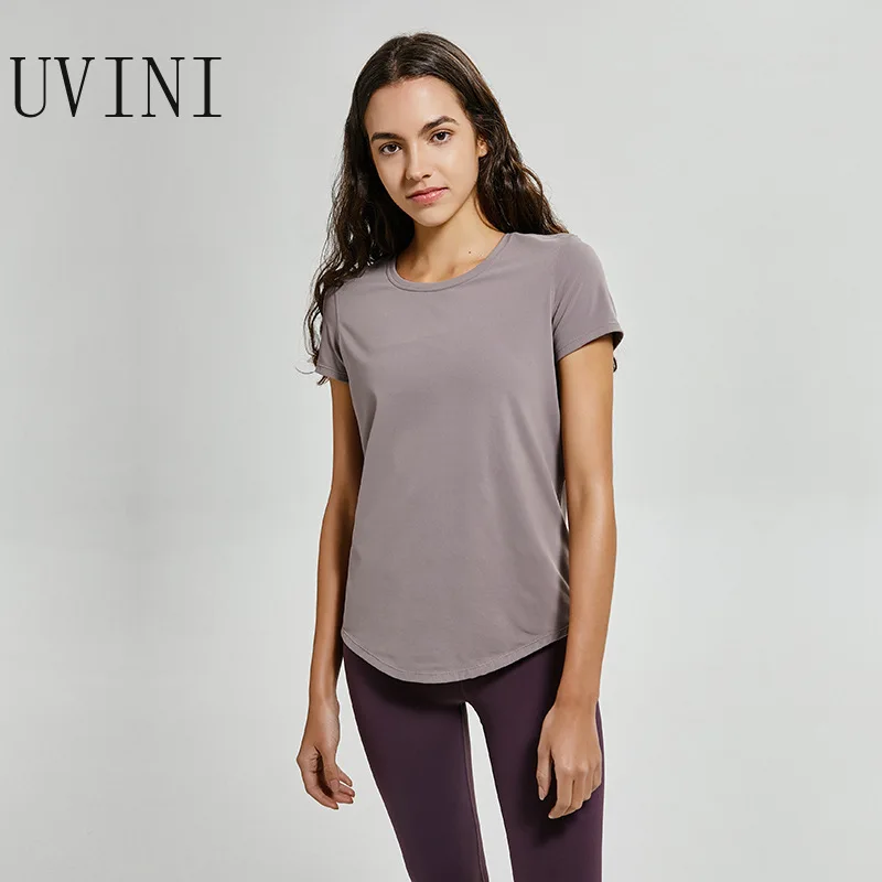UVINI, облегающие, обнаженные на ощупь ткани, для спортзала, фитнес-футболки, женские, с круглым вырезом, простые, спортивные, для бега, рубашки с коротким рукавом, классические топы