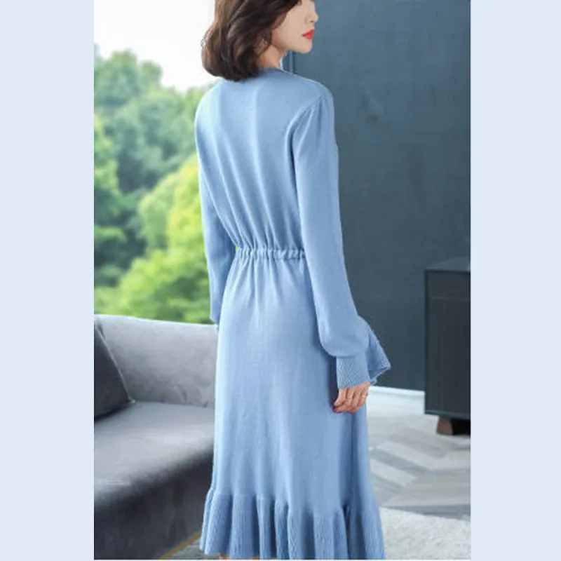 Fashion korean Ruffle knitted dress women casual Plus size slim Drawstring waist elegant a-line winter sweater party | Женская одежда