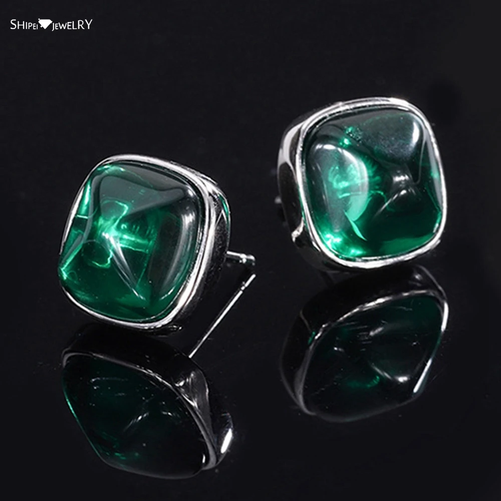 

Shipei Vintage 925 Sterling Silver 8*8 MM Emerald Ruby Sapphire Gemstone Wedding Engagement Ear Studs Earrings Fine Jewelry Gift
