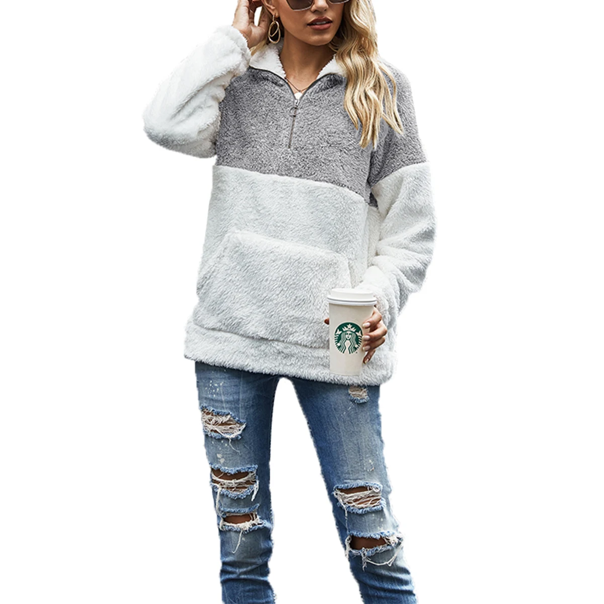 

Women's Coat Fashion Leopard Print Stitching Pullover Warm Loose tie-dye plush sweater loose jacket Female 2020