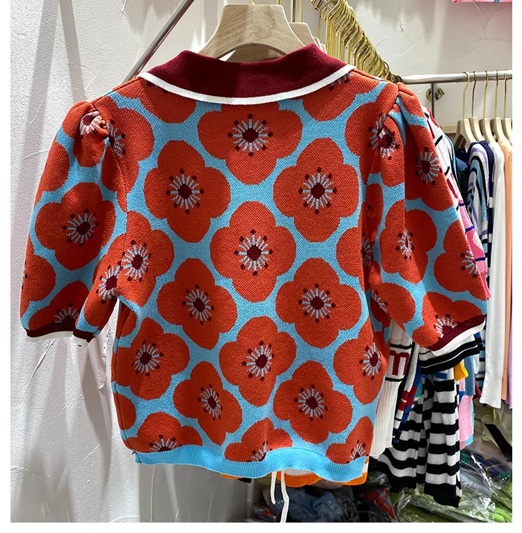 Свитер женский тонкий пуловер жаккардовый с цветочным узором и коротким рукавом