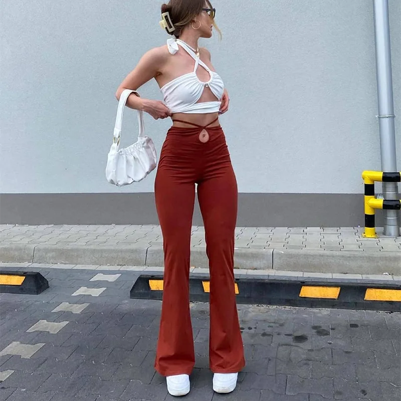 

Casual Bandage Women Y2K Flare Pants Skinny Belly Button High Waist Trousers Stretch Wild Streetwear Autumn Bottoms E Girl 2022