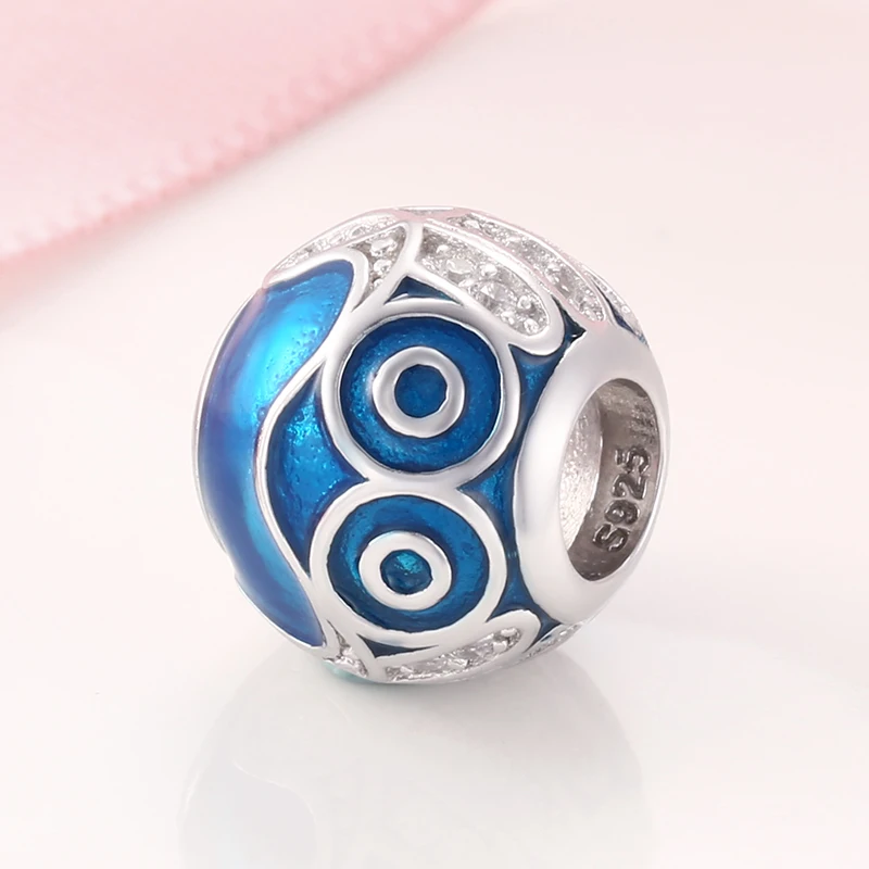 100% Real 925 Sterling Silver Blue Enamel Round Shape Charms Beads Fit JIUHAO Bracelets Necklace Jewelry Making |