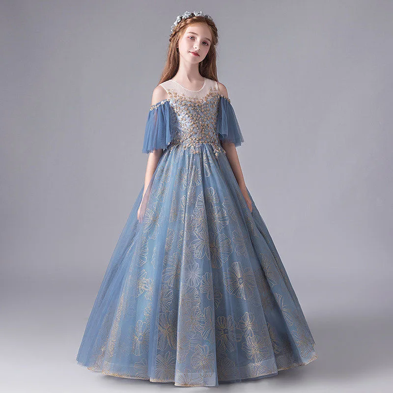 

Кружевное синее платье для девочки с вышивкой и цветами, платье для девочки с аппликацией для вечеринки и свадьбы, пышное платье принцессы, детское платье для первого причастия