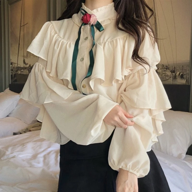 

Chic Elegant Ruffles Lantern Long Sleeve Chiffon Shirt Lace Up Bow Button Blusas 2021 New Blouse Stand Neck Ladies Tops 831F
